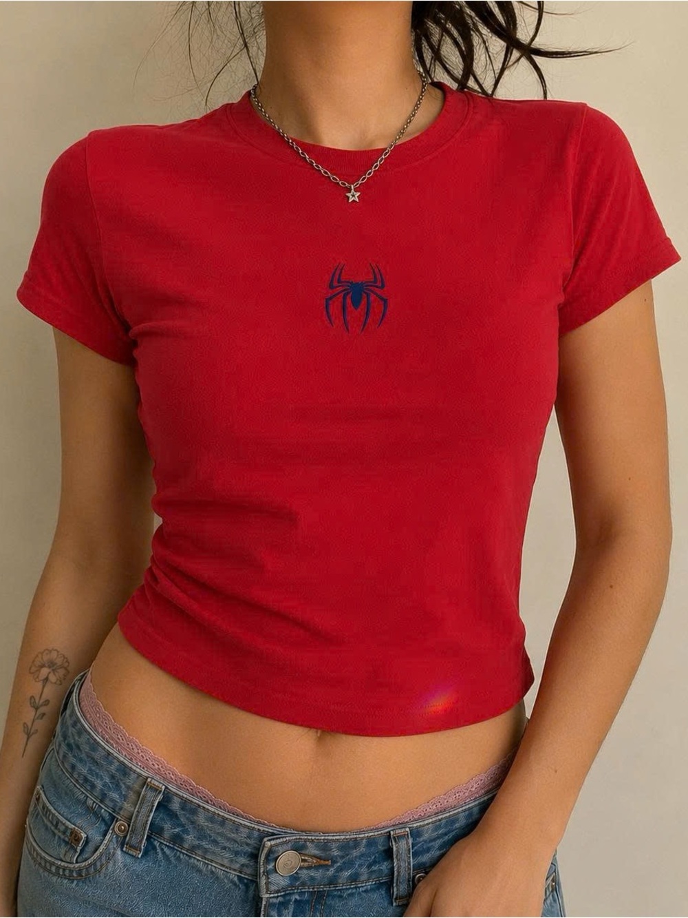 Bella Canvas Red Cropped Tee with Navy Spider Emblem